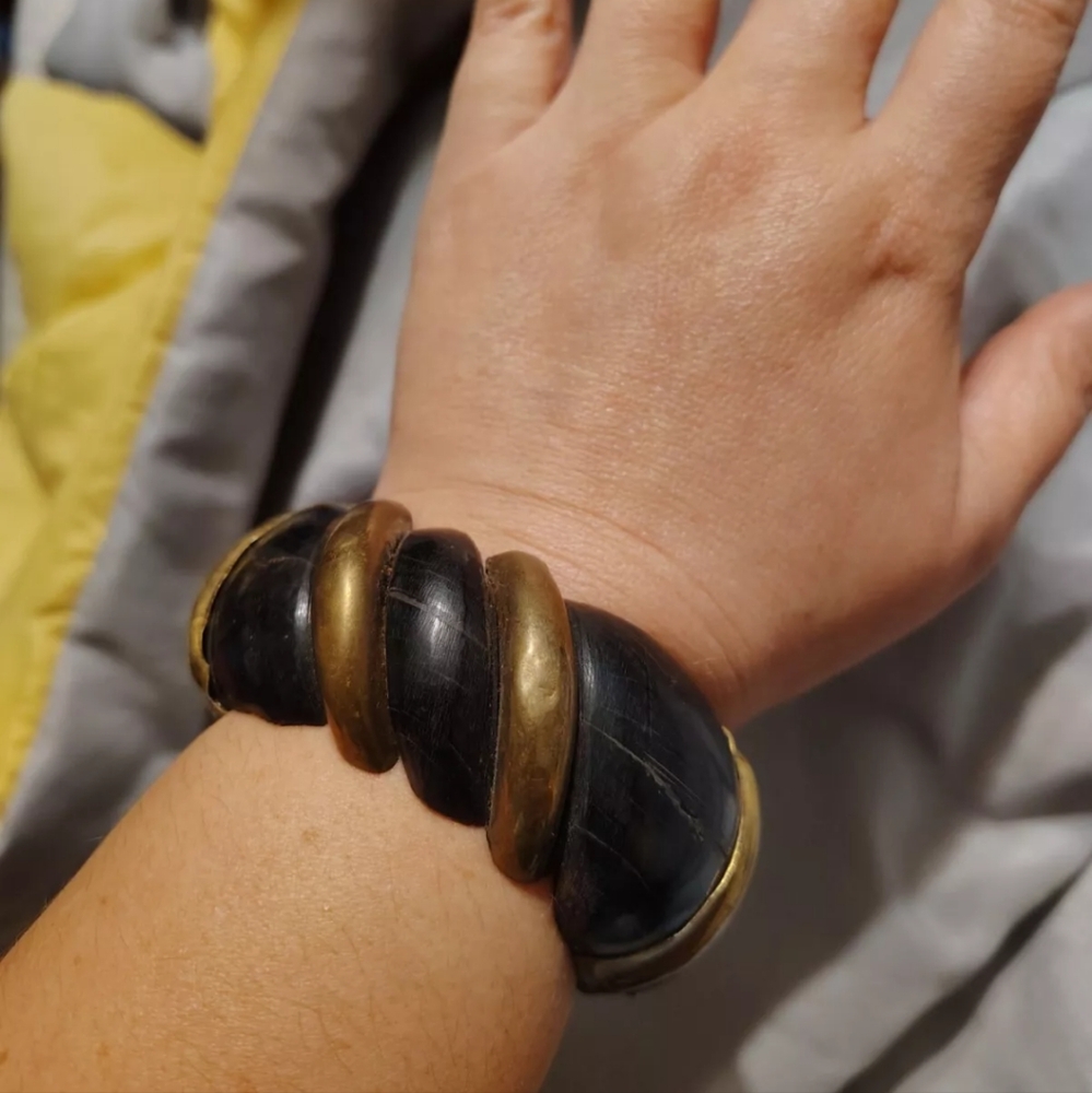 Vintage brass and black ox horn bangle bracelet
